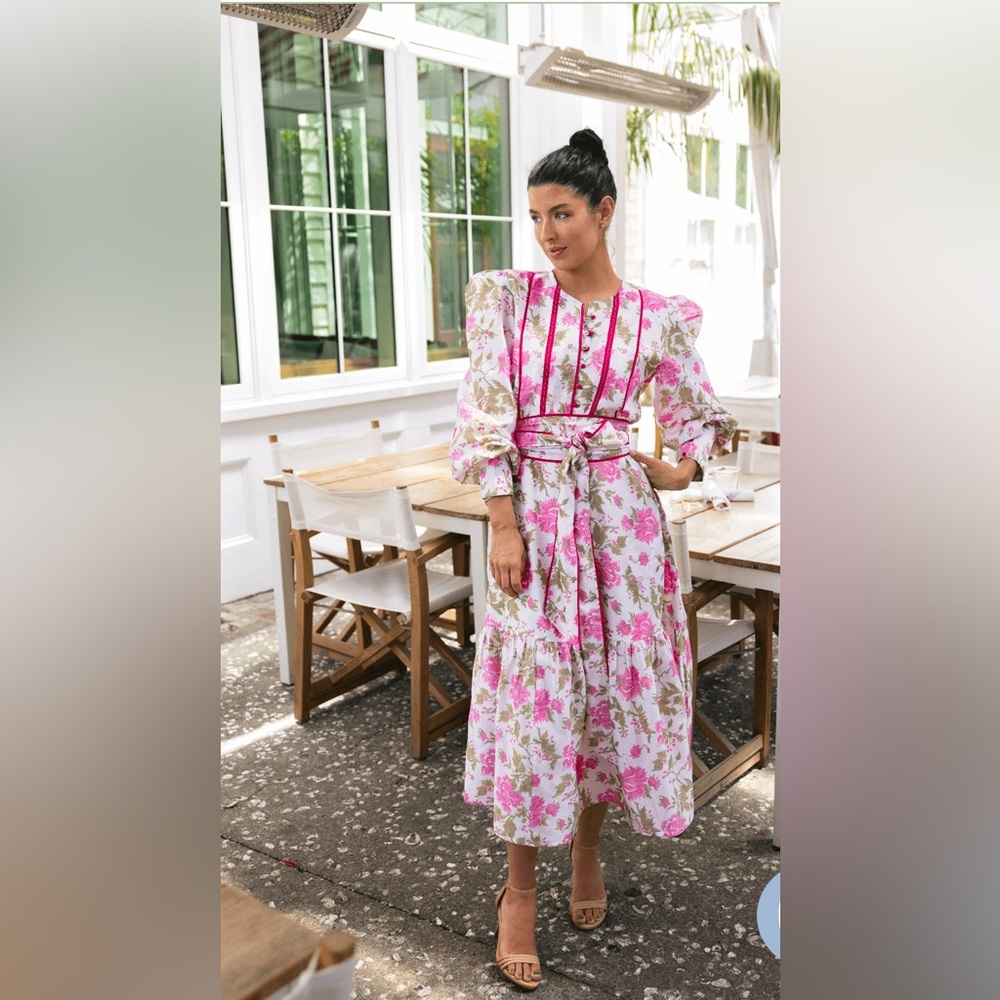 Sue Sartor Athénée Dress Deep Pink/Ivory Floral Cotton Silk Chanderi